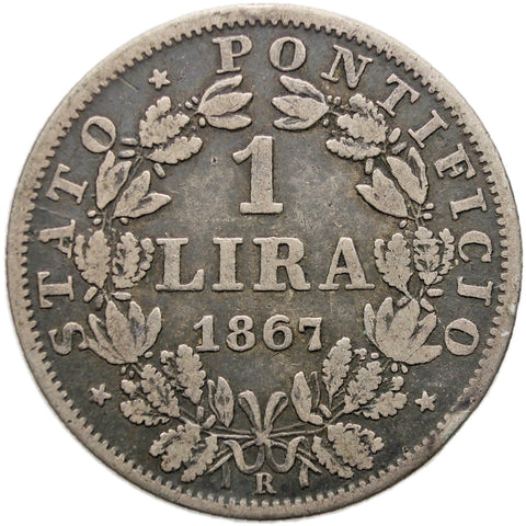 1867 One Lira Papal Coin Italy States Pius IX Silver