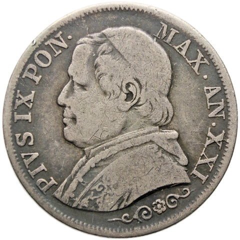 1867 One Lira Papal Coin Italy States Pius IX Silver
