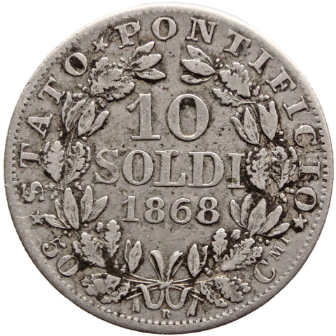 1868 10 Soldi Pius IX Italy States Papal Silver Coin XXII