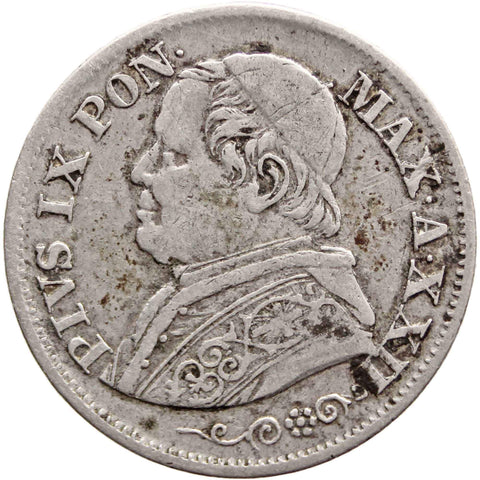 1868 10 Soldi Pius IX Italy States Papal Silver Coin XXII