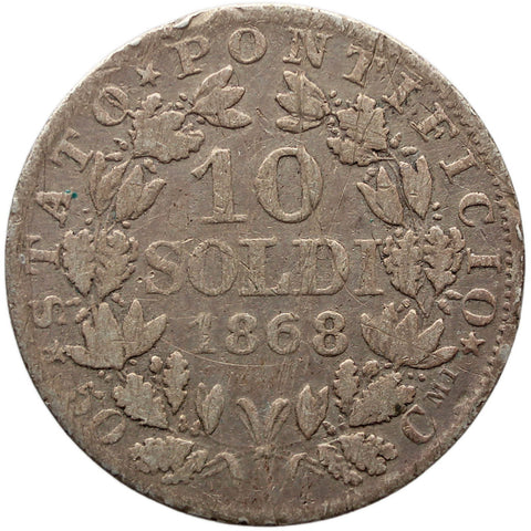 1868 10 Soldi Pius IX Italy States Papal Silver Coin XXII