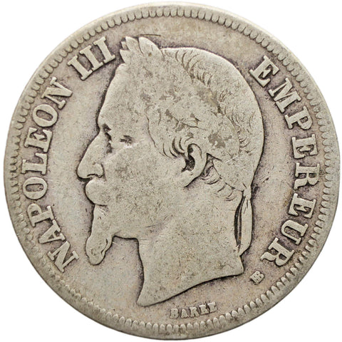 1868 2 Francs France Coin Napoleon III Silver Strasbourg Mint
