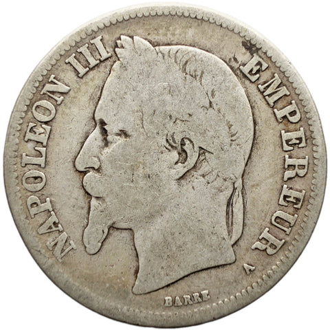 1869 2 Francs France Coin Napoleon III Silver Paris Mint