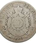 1869 2 Francs France Coin Napoleon III Silver Paris Mint