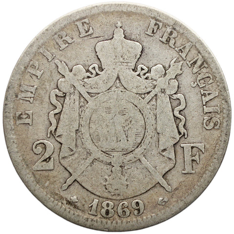 1869 2 Francs France Coin Napoleon III Silver Paris Mint