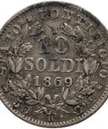 1869 R 10 Soldi Papal Pius IX Italy States Silver Coin XXIII