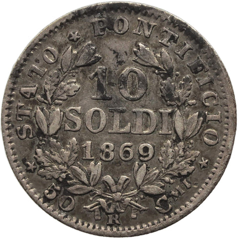 1869 R 10 Soldi Papal Pius IX Italy States Silver Coin XXIII