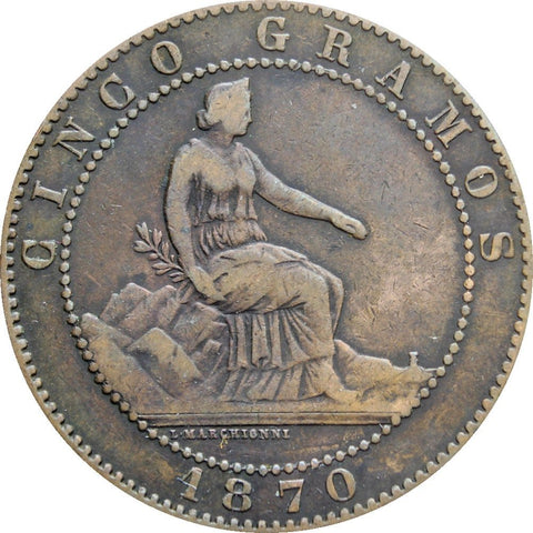 1870 OM Cinco Centimos Spain Provisional Government Coin 5 Cent Spanish Coins Old Money Numismatic Europe Collectible