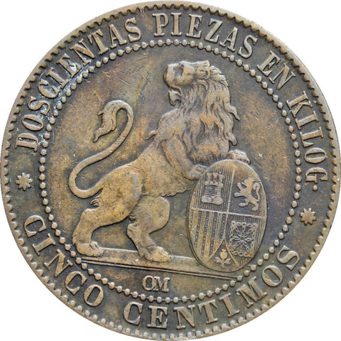 1870 OM Cinco Centimos Spain Provisional Government Coin 5 Cent Spanish Coins Old Money Numismatic Europe Collectible