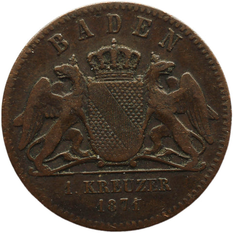 1871 1 Kreuzer Grand - duchy of Baden Coin German states Friedrich I Victory over France