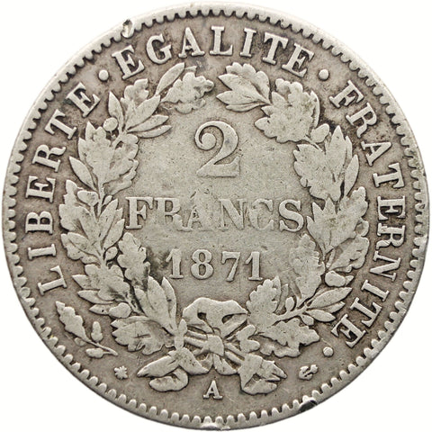 1871 A 2 Francs France Coin Silver Paris Mint