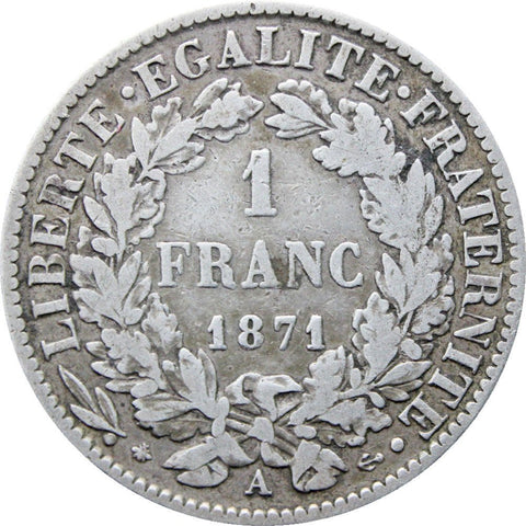 1871 One Franc France Coin Silver