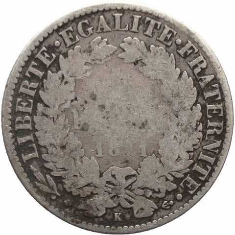 1871 One Franc France Coin Silver