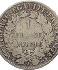 1871 One Franc France Silver Coin