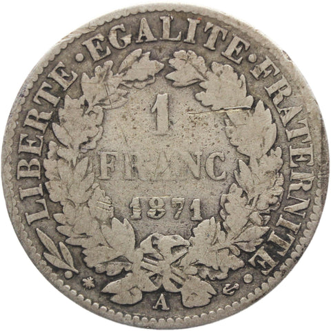 1871 One Franc France Silver Coin