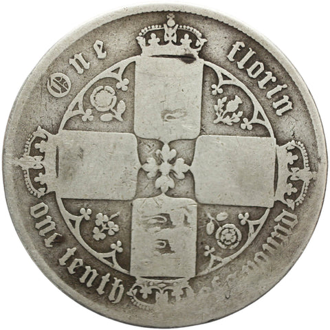 1872 Great Britain Queen Victoria Two Shillings Florin Silver Coin ('Gothic' type)