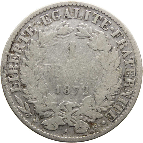 1872 One Franc France Coin Silver