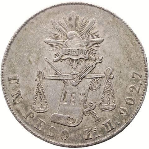 1872 Zs H One Peso Mexico Coin Silver Mint Zacatecas City