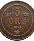 1874 5 Ore Sweden Coin Oscar II