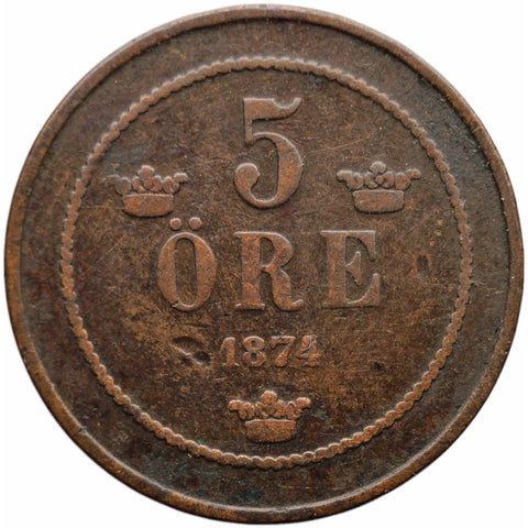 1874 5 Ore Sweden Coin Oscar II