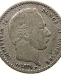 1874 CS 25 Ore Denmark Coin Christian IX Silver