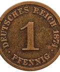 1874 D One Pfennig Germany Wilhelm I Coin Type 1, Large Shield Munich Mint