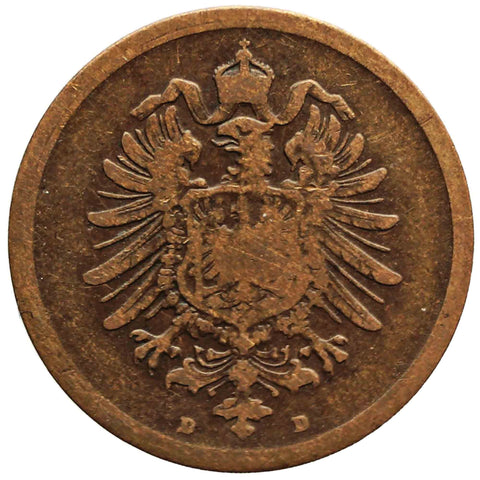1874 D One Pfennig Germany Wilhelm I Coin Type 1, Large Shield Munich Mint