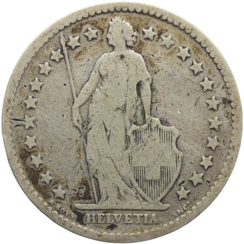 1874 Two Franc Switzerland Coin Helvetia standing