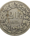 1874 Two Franc Switzerland Coin Helvetia standing