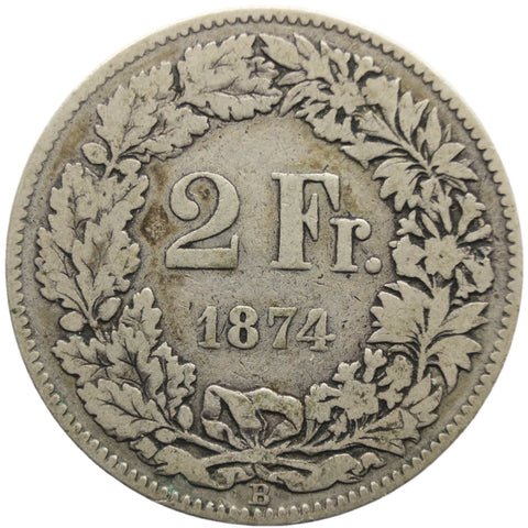 1874 Two Franc Switzerland Coin Helvetia standing