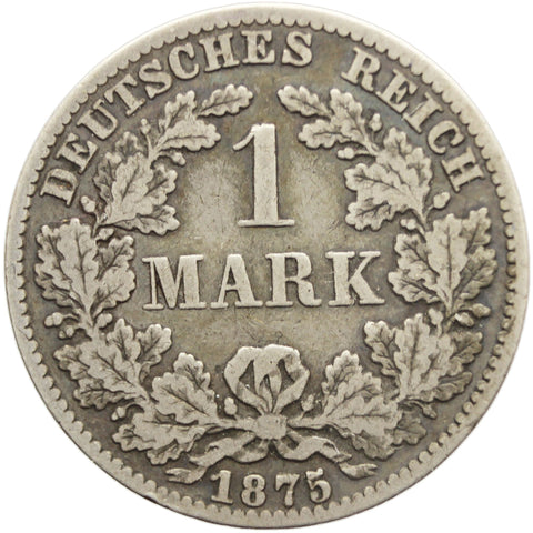 1875 B One Mark Wilhelm I Coin Germany Silver (type 1 - large shield) Hanover Mint