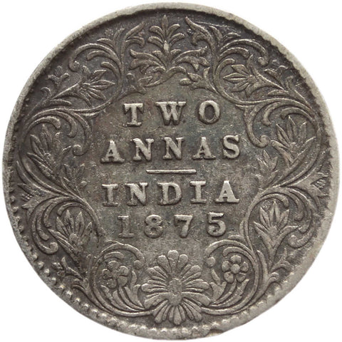 1875 Two Annas India British Queen Victoria Silver Coin Calcutta Mint