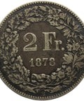 1878 Two Franc Switzerland Coin Helvetia standing
