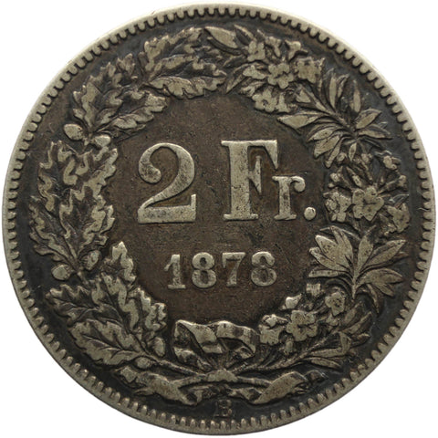 1878 Two Franc Switzerland Coin Helvetia standing