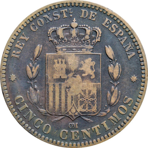 1879 5 Centimos Alfonso XII Spain Coin Mint 8 pointed star Barcelona