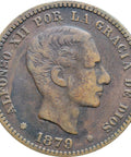 1879 5 Centimos Alfonso XII Spain Coin Mint 8 pointed star Barcelona