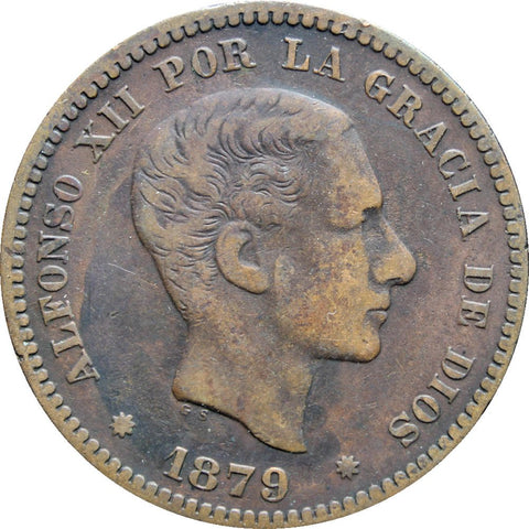 1879 5 Centimos Alfonso XII Spain Coin Mint 8 pointed star Barcelona