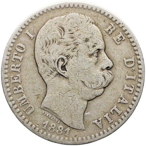 1881 R 2 Lire Italy Coin Umberto I Silver