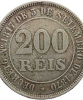 1884 Brazil 200 Reis Coin Pedro II