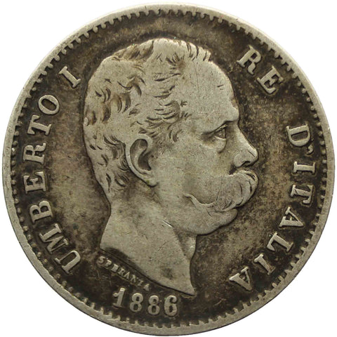 1886 One Lira Italy Umberto I Silver Coin