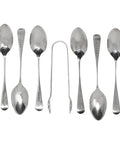 1887 Antique Victorian Era Set Six Sterling Silver Tea Spoons and Sugar Tongs Silversmith Josiah Williams & Co (George Maudsley Jackson)