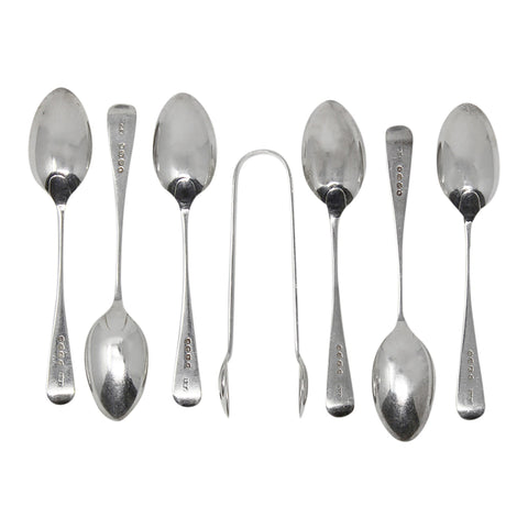 1887 Antique Victorian Era Set Six Sterling Silver Tea Spoons and Sugar Tongs Silversmith Josiah Williams & Co (George Maudsley Jackson)