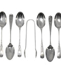 1887 Antique Victorian Era Set Six Sterling Silver Tea Spoons and Sugar Tongs Silversmith Josiah Williams & Co (George Maudsley Jackson)