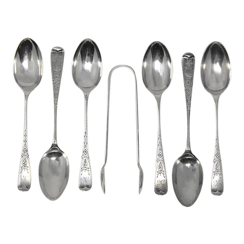 1887 Antique Victorian Era Set Six Sterling Silver Tea Spoons and Sugar Tongs Silversmith Josiah Williams & Co (George Maudsley Jackson)