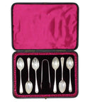 1887 Antique Victorian Era Set Six Sterling Silver Tea Spoons and Sugar Tongs Silversmith Josiah Williams & Co (George Maudsley Jackson)