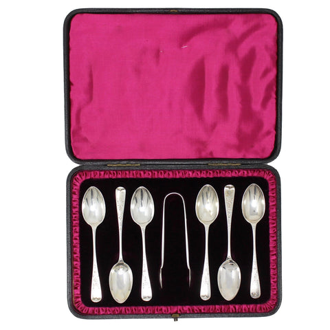 1887 Antique Victorian Era Set Six Sterling Silver Tea Spoons and Sugar Tongs Silversmith Josiah Williams & Co (George Maudsley Jackson)