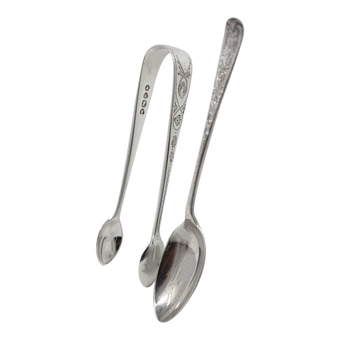 1887 Antique Victorian Era Set Six Sterling Silver Tea Spoons and Sugar Tongs Silversmith Josiah Williams & Co (George Maudsley Jackson)