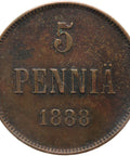 1888 5 Pennia Finland Aleksandr III Coin