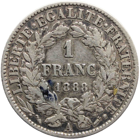 1888 One Franc France Coin Silver