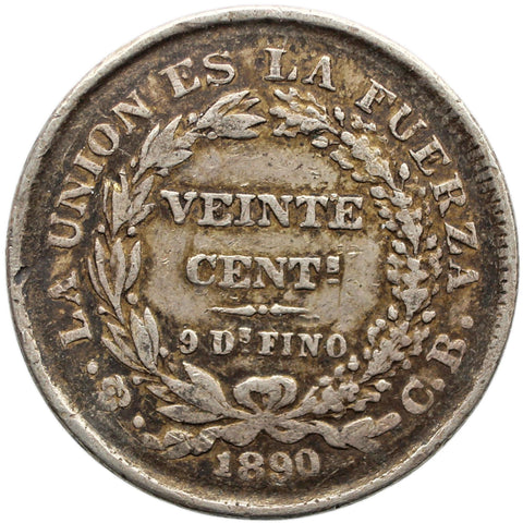 1890 PTS CB 20 Centavos Bolivia Silver Coin